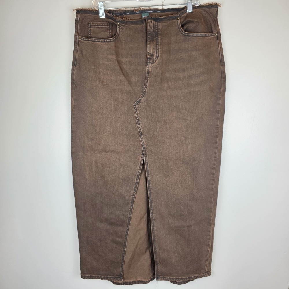 Wild Fable Skirt Brown Distressed Maxi Denim Slit‎ Low Rise Western Boho Sz 14.
